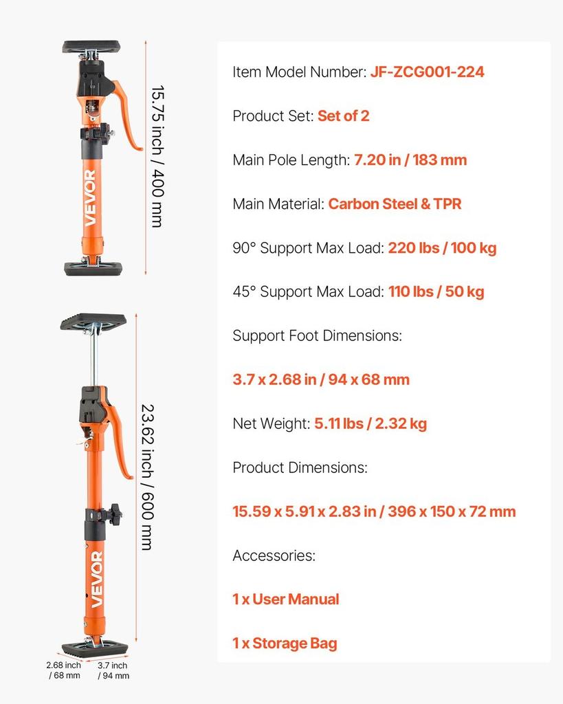 Cabinet Jack Support Pole, 2-Pack, 40-60 cm Steel Telescopic Quick Support Rod, Adjustable 3rd Hand System up to 100 kg Capacity for Installing