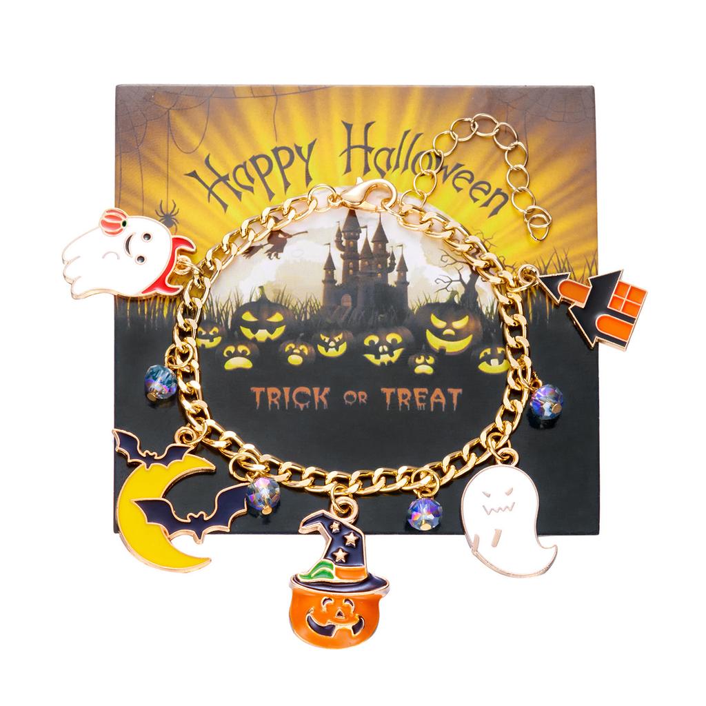 Halloween Ghost Pumpkin Black Cat Metal Chain Bracelet For Women Gold Plated Skeleton Spider Bat Bangles Festival Charm Jewelry