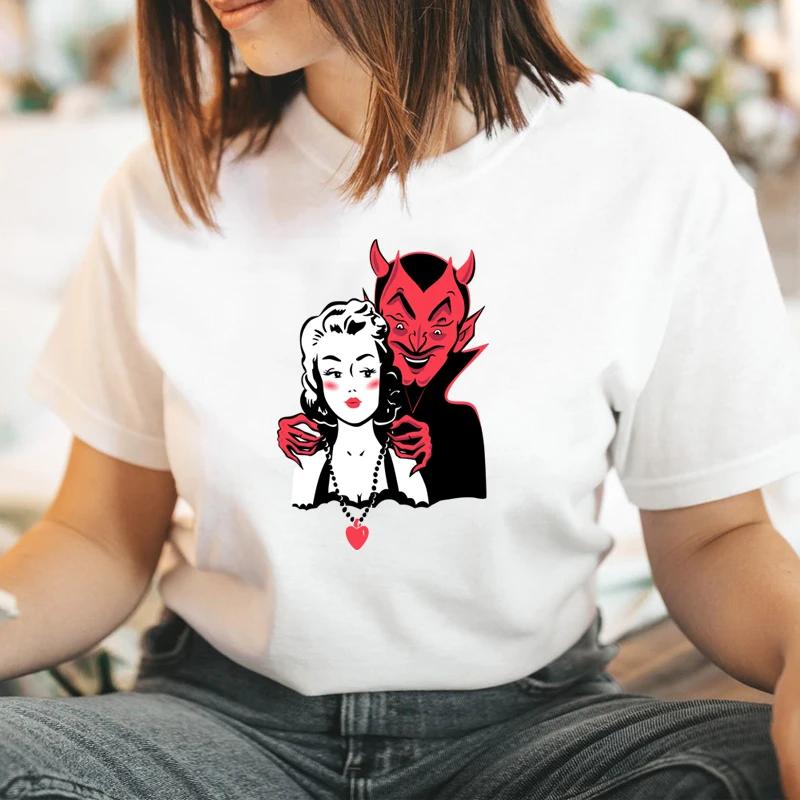 Футболка Deal with The Devil для женщин на Хэллоуин, забавная, темная, острая, гранж, одежда для духов, готический топ, винтажная футболка, дропшиппинг