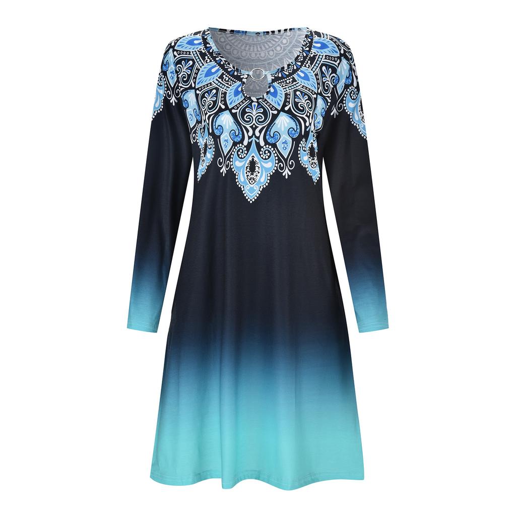 GMXIA Женская мода весна осень однотонный принт с длинным рукавом и круглым вырезом повседневные платья