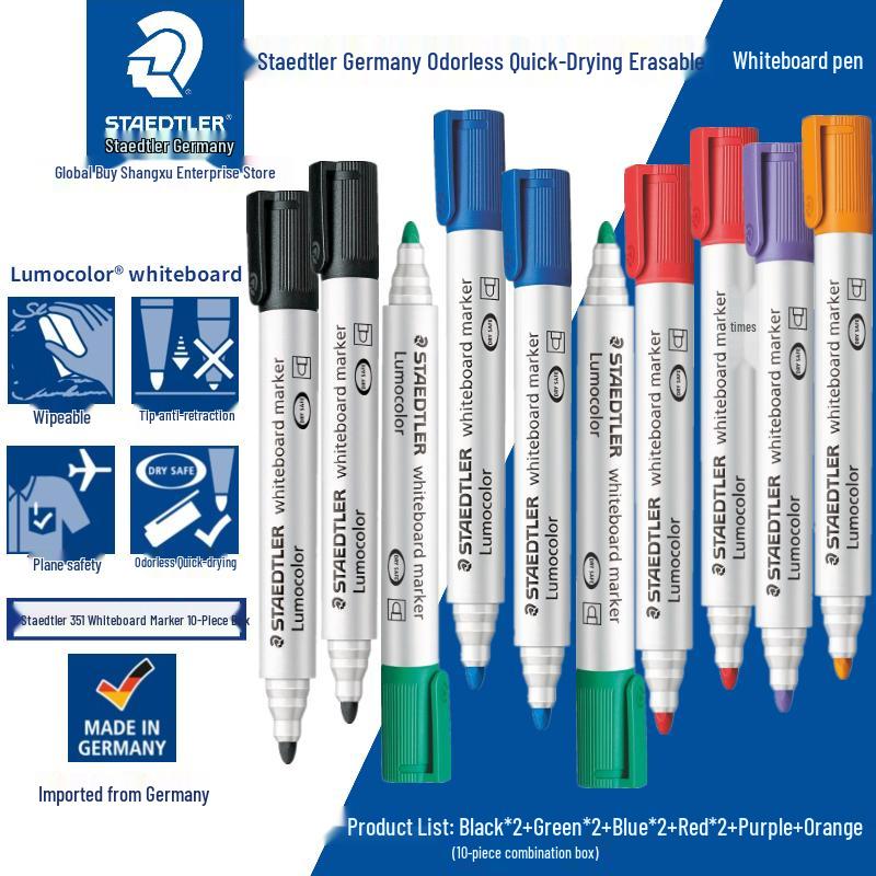 Staedtler Erasable Nontoxic Bold Tip Color Markers – Red, Blue, Black, Orange, Green, Purple (for Kids, Whiteboard Use)