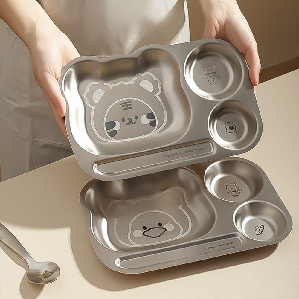Multi Grids Children Divided Dinner Plate Square Shaped Stainless Steel Plate  Kindergarten School