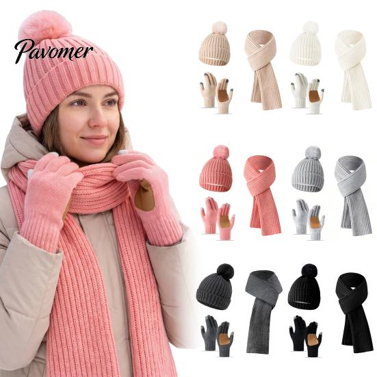 Fashionable Vertical Stripe Knitwear Winter Hat Scarf Gloves Set, Knitted with Pompom, Touch Screen Gloves, Cold Weather Essential Set Warm