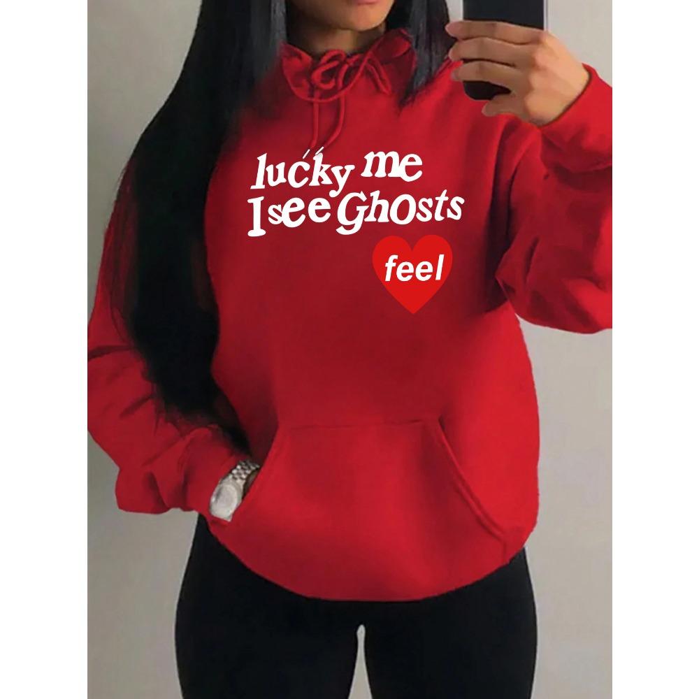 Счастливая Я Вижу Призраков Арт Письмо Узор Женское Худи Осень Многоцветные Толстовки Уличная Одежда Флис Карманное Худи