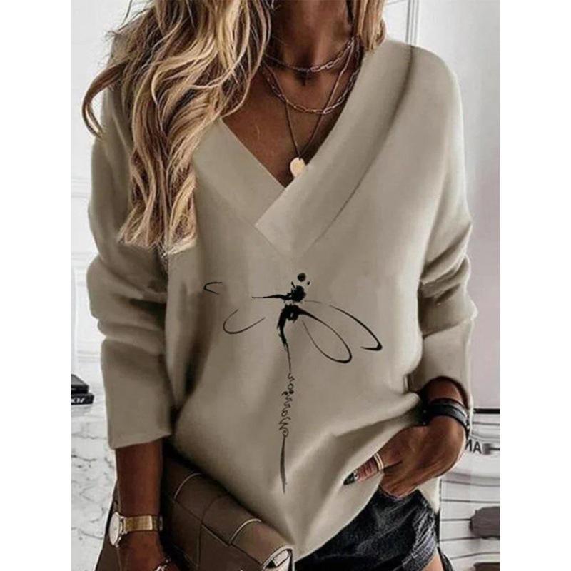 2023 Autumn/Winter Plus Size V-Neck Loose Fit Printed Sweatshirt for Women