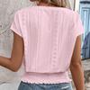 Women Tops V-Neck Short Sleeve Jacquard Decoration Pullover Tops Solid Color Loose Fit Elastic