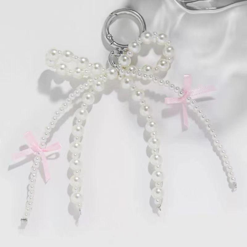 Women Girls Keychains Rings Holders Pearls Silk Ribbon Sweet Y2K Bag Pendants Creative