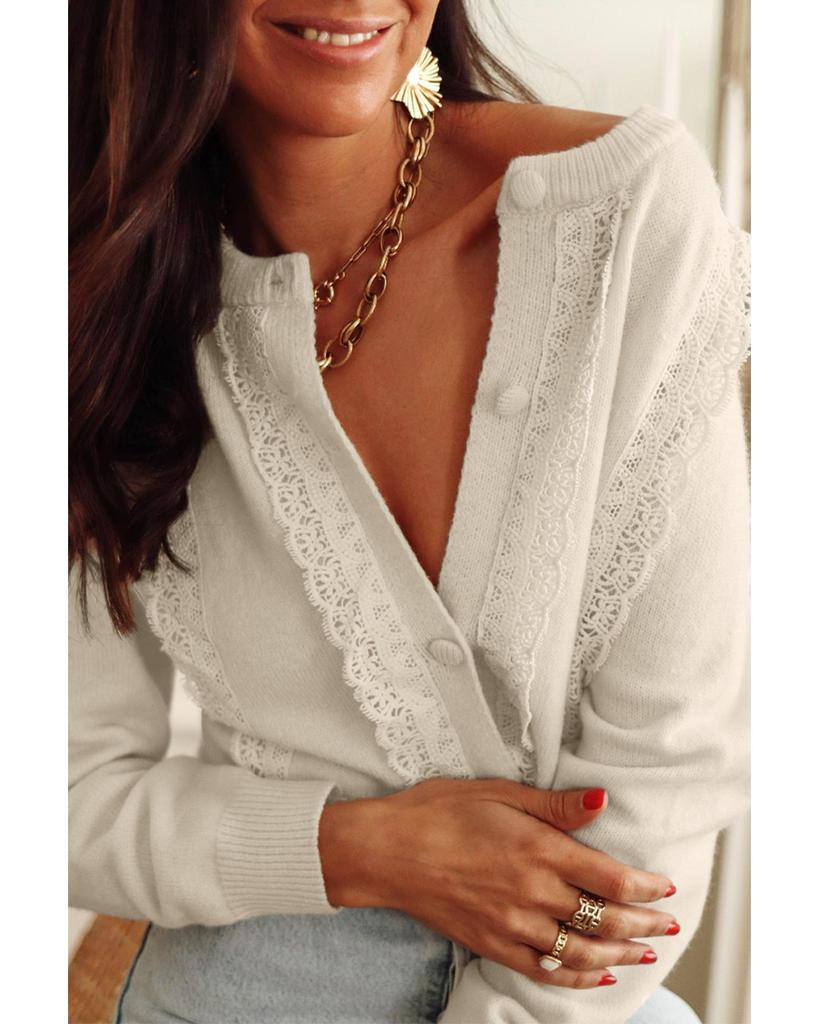 Azura Exchange Lace Trim Ribbed Button Up Cardigan