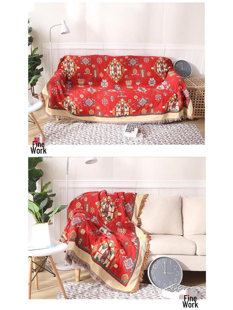 Европейский желтый плед в тибетском стиле, полностью хлопковый, двухсторонний, вязаный - Нескользящий, модный, минималистичный дизайн для дивана