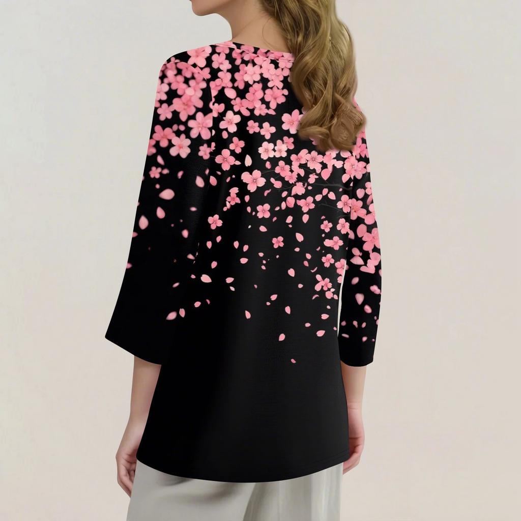 Жен. Футболка С принтом Пуговицы Рукав 3/4 Повседневные Выходные Мода Классический Классический V-образный вырез Обычный Верх