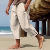 Men Cropped Pants Drawstring Elastic Waist Solid Color Loose Pockets Split Deep Crotch Soft Breathable Summer Vacation Beach Trousers