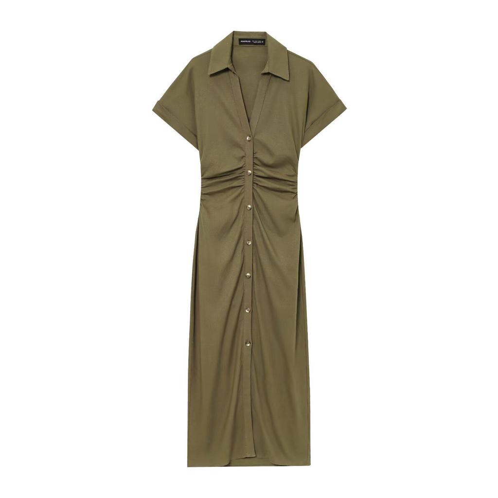 Женское летнее платье миди приталенного силуэта с V-образным вырезом из смеси льна 2025