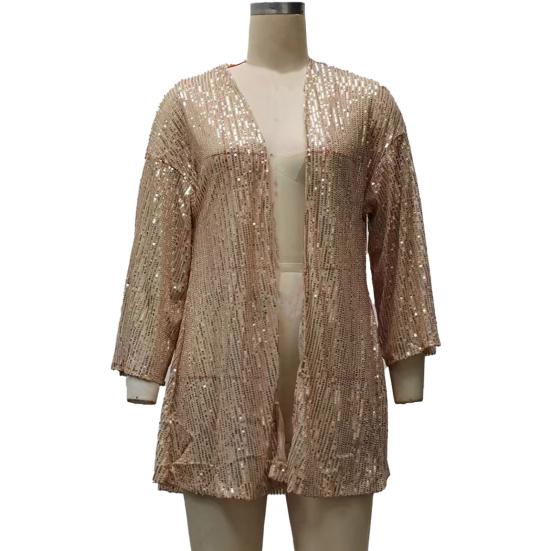 Women Sequin Coat Long Sleeve Open Front Solid Color Jacket Solid Color Spring Autumn Mid-length Cardigan