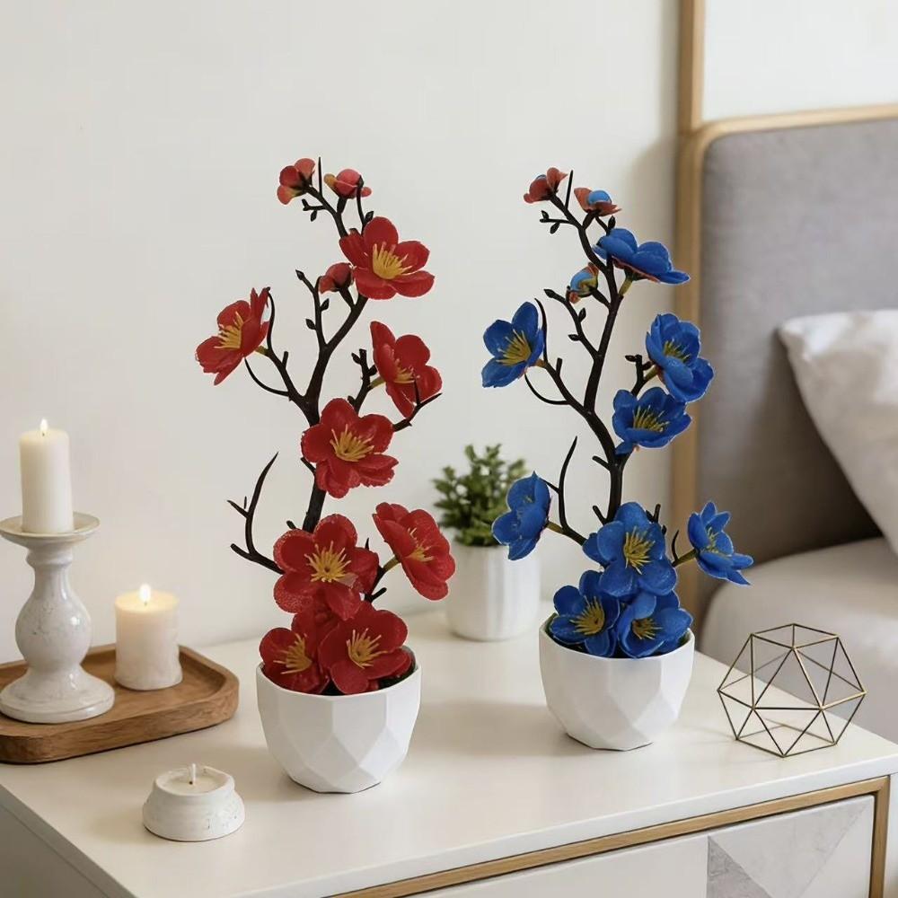 Red Fake Wintersweet Flower Bonsai with White Pot Artificial Faux Plants Living Room Ornaments