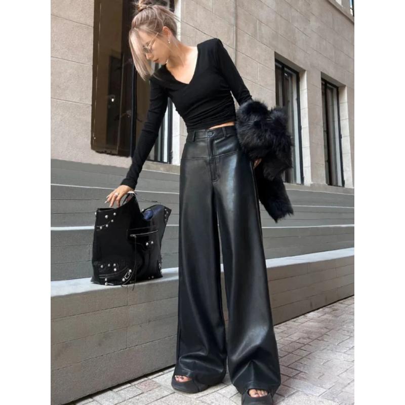 Черные брюки из искусственной кожи с высокой талией, широкие, свободного кроя, повседневные, женская мода, стильные повседневные брюки