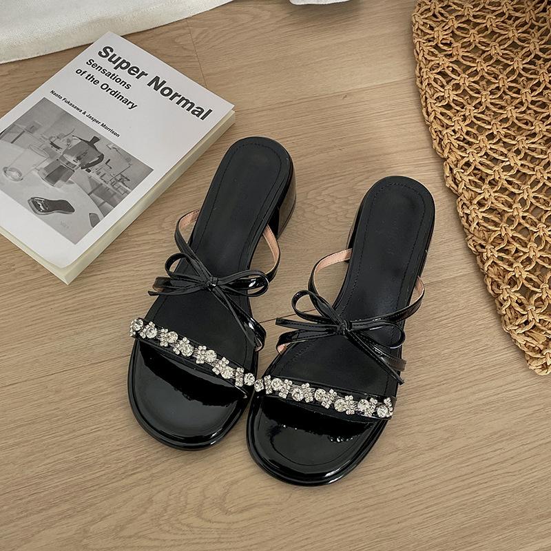 Серебристые шлепанцы на толстом каблуке с одной полоской женские летние сказочный стиль прохладные шлепанцы