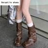 Women Western Cowgirl Booties Fashion Slip On Mid Calf Booties Retro Style Thick Heel Autumn Female Shoes