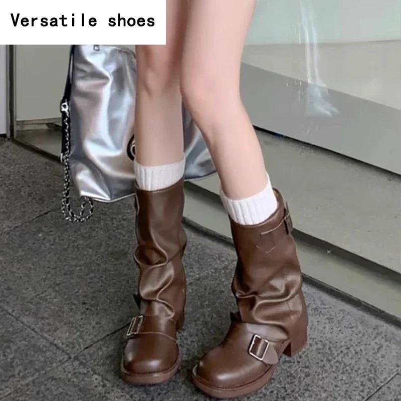 Women Western Cowgirl Booties Fashion Slip On Mid Calf Booties Retro Style Thick Heel Autumn Female Shoes