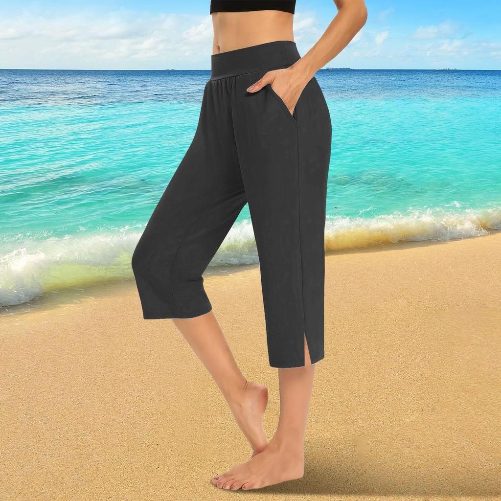 Women Elastic High Waist 3/4 Pant Casual Active Fit Wide Capris Leg Pants Trousers With Pockets