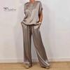 2 Pcs/Set Women Top Pants Set Satin Round Neck Half Sleeves Blouse Wide Leg Elastic Waist Trousers with Pockets Daily Leisure Loose Outfit