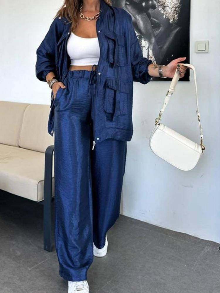 Женский костюм светло-серого цвета с брюками палаццо, курткой со стойкой, белым кроп-топом, повседневная офисная одежда