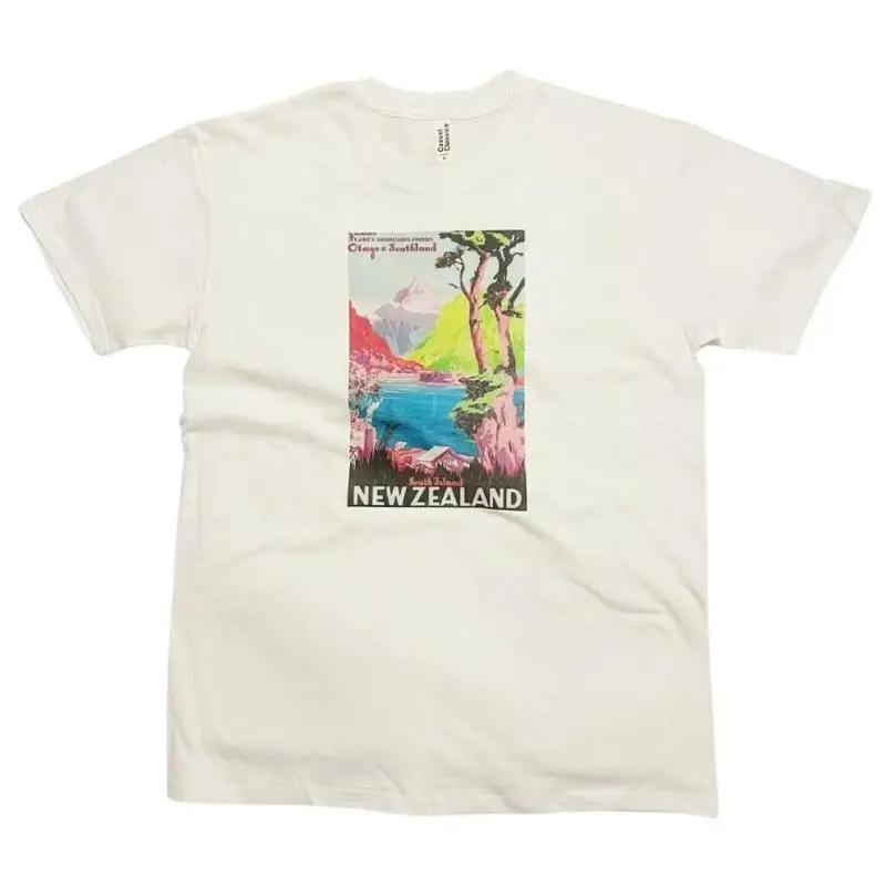 New Zealand Travel Poster Vintage Art T Shirt with Lake and Mountain