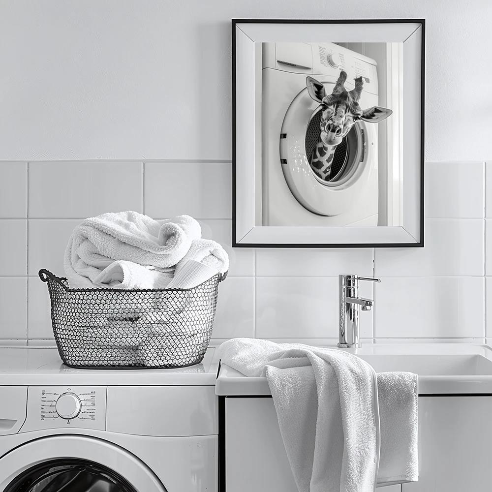 Washing Machine Poster Laundry Room Decor Picture Funny Wall Art Utility Print Canvas Cute Giraffe Penguin Tiger in