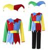 Unisex Circus Clown Costume Color Block Patchwork Clown Dress Hat Waistband Pants Halloween Performance Attire