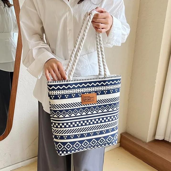 WTEMPO Fashion Printed Large-capacity Hand-held Women's Bags Summer Canvas Striped Versatile Commuting Mom Single-shoulder Shopping Bags