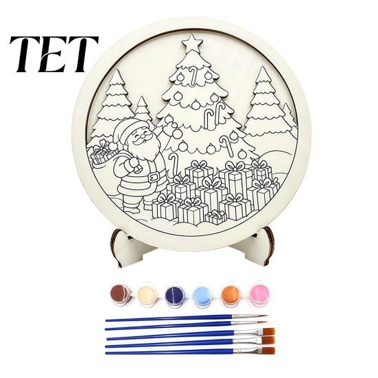 Wooden Christmas Table Decor Ornament DIY Coloring Kit, Kit with Stand, Paint Holiday Activities Strip And Brushes, Hand-Colored Decoration Craft for