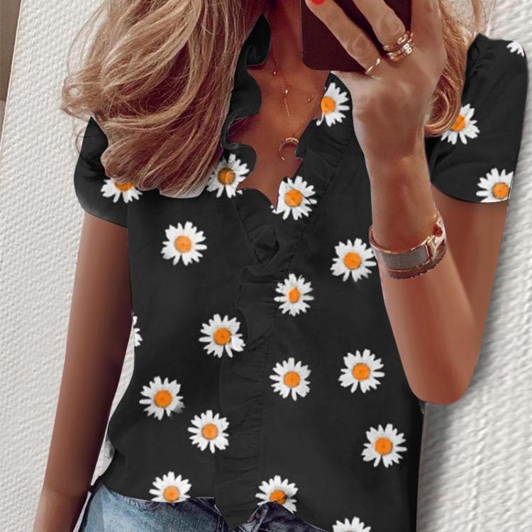 Blouses & Shirts - Summer Flower Print Casual Short Sleeve Blouse Women Fashion Shirt