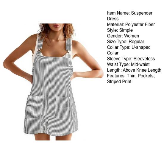 Женское платье на подтяжках с U-образным вырезом, без рукавов, в полоску, мини-платье с карманами, свободного кроя, стройнящий образ, платье для работы и отдыха