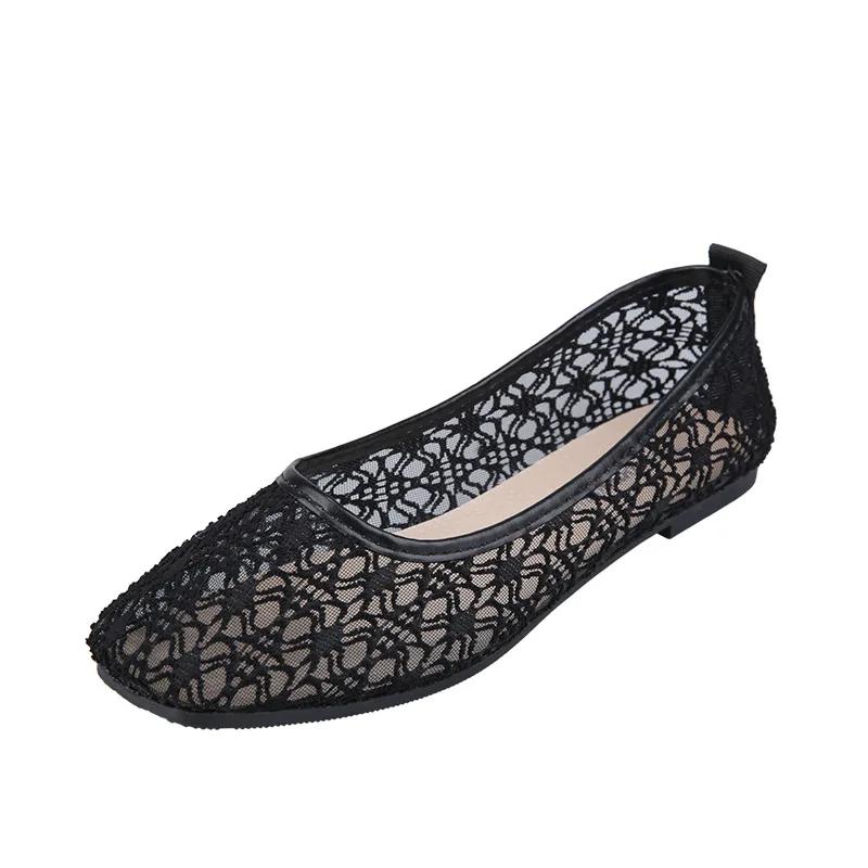 Женские прозрачные кружевные мягкие туфли на плоской подошве, женские пикантные черные туфли-лодочки с квадратным носком, летние дышащие бежевые нескользящие туфли на плоской подошве, размеры 35-40