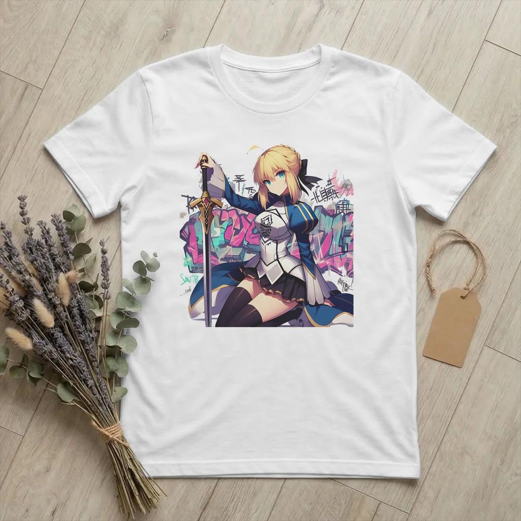 Fate Stay Night Артур Пендрагон Класс Сэйбер Футболка Унисекс Хлопковая Одежда Винтажная С Круглым Вырезом С Коротким Рукавом
