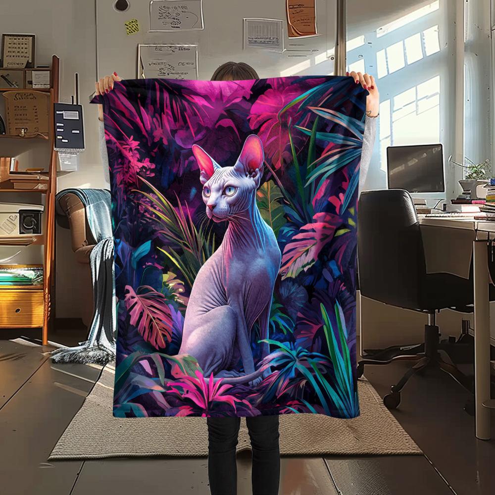 Sphynx Cat in the Grass Print Flannel Blanket, High quality Comfortable for All Seasons, Home Decor, Warmth and Comfort
