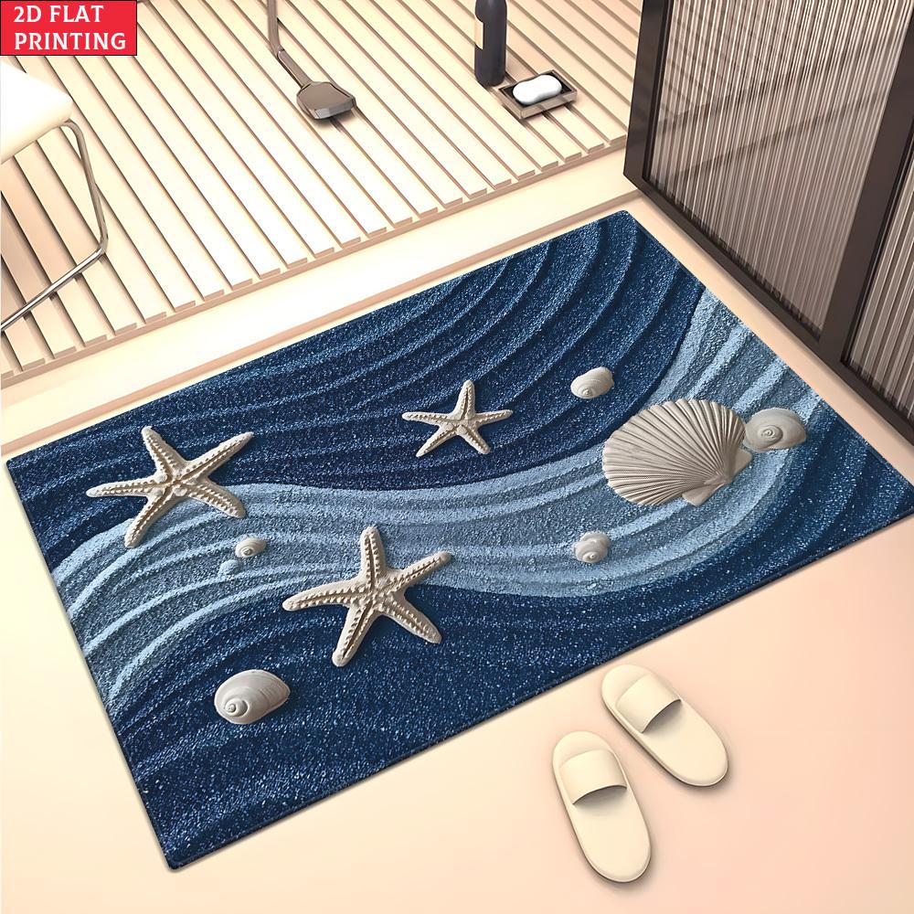 Blue Sea Wave Beach Floor Mat Starfish Scallop Shell Decor Non‑slip Stain‑resistant Nautical Household Entrance Rug