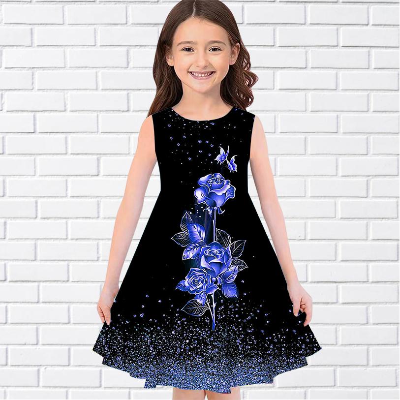 Girls 3D Golden Rose Kids Girl Party Sleeveless Princess Dress Tank for Girl Over Four Years