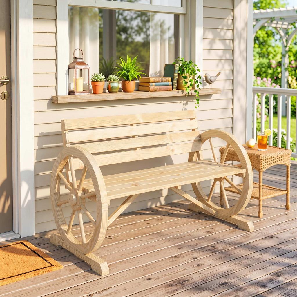 Garden Bench, 3-Seater Wooden, Armrests, Wheels, Cart-Style, Fir Wood, Natural Wood Effect