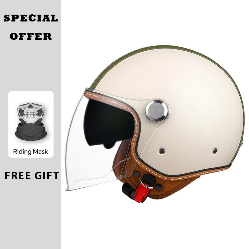 Classic White Green Stripes Open Face Motorcycle Helmets Leather Jet Moto Helmet with Daul Lens Electric Scooter Racing Helmet