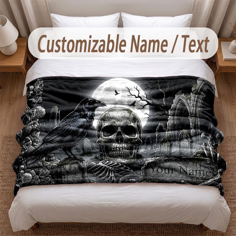 Skull Gothic Theme Soft Blanket Personalized Custom Name Text Print Warm Blanket Home Sofa Bedroom Decor