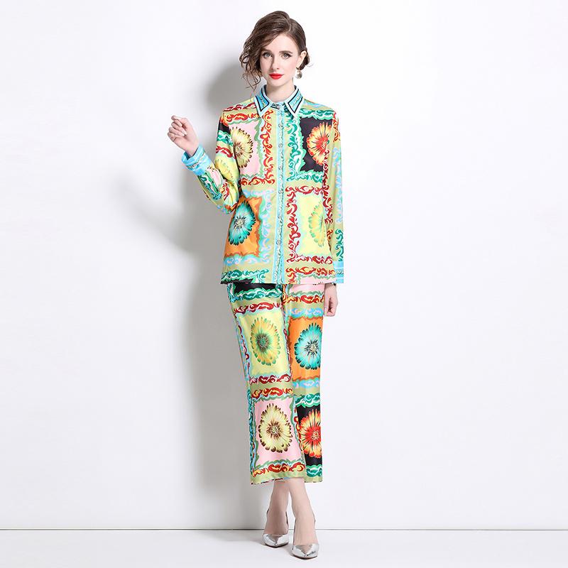 Runway Designer Vintage Print Pant Two Piece Set for Women Turn-down Shirt And Ankle Length Trousers Office Business Suit