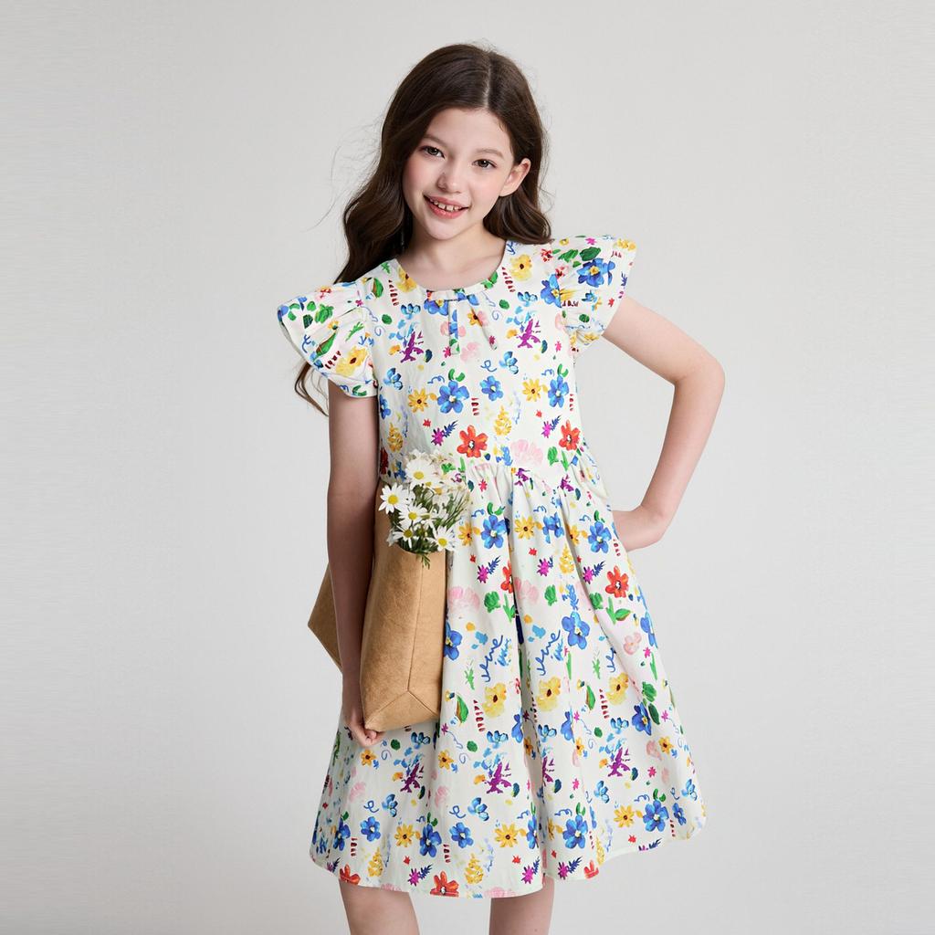 Girls' Fresh and Fashionable Printed Small Fly Sleeves Pure Cotton Dress