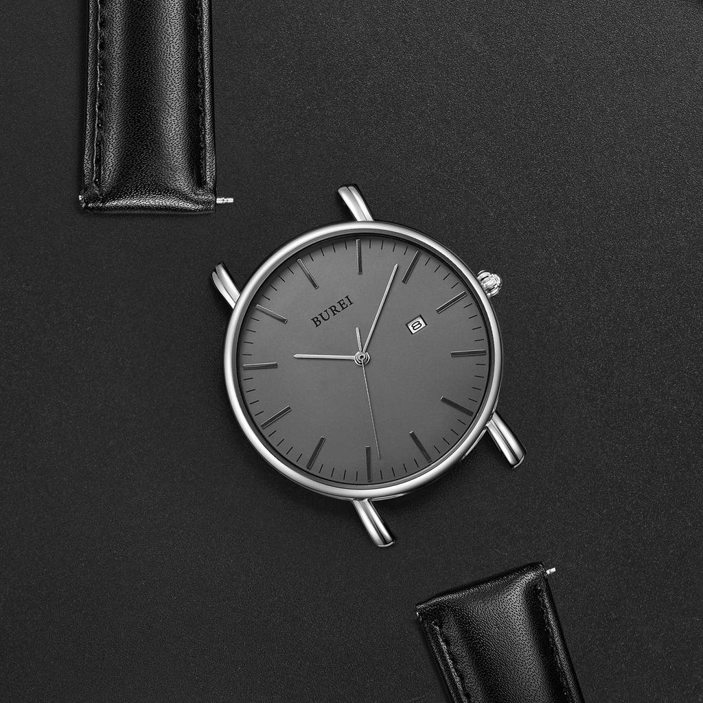 BUREI Men's Slim Watch, Popular and Stylish, Date Display, Large Dial, Analog Quartz Movement, Simple Design, Waterproof, Black Leather, Imported