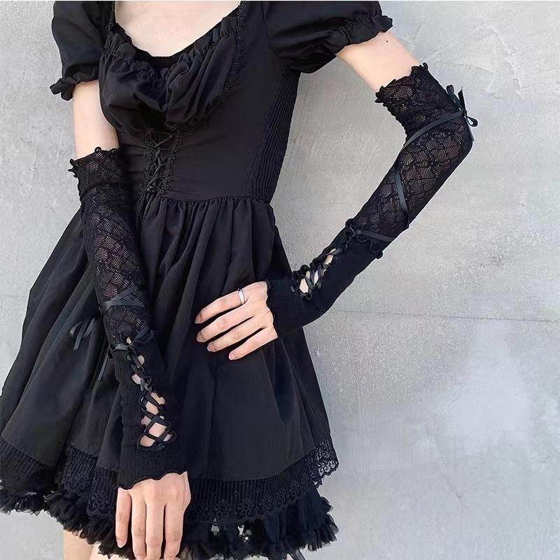 Women Lolita Jk Lace Fingerless Gloves Black Gothic Strapping Sunscreen Sleeve Clothing Accessories Elastic Mesh Punk Gloves