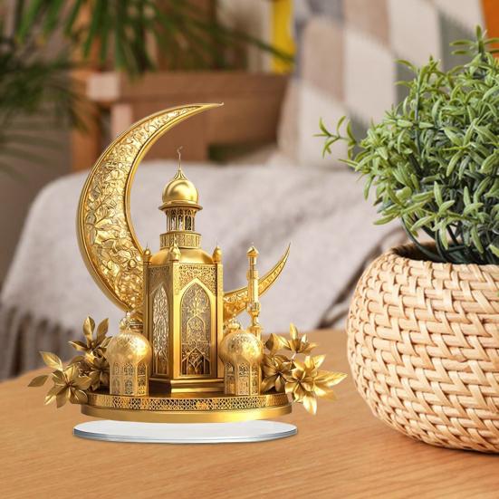 Acrylic Moon Castle Ornament 2D Flat Golden Crescent Moon Mosque Table Sign Holiday Party Home Office Living Room Bedroom Desktop Decoration