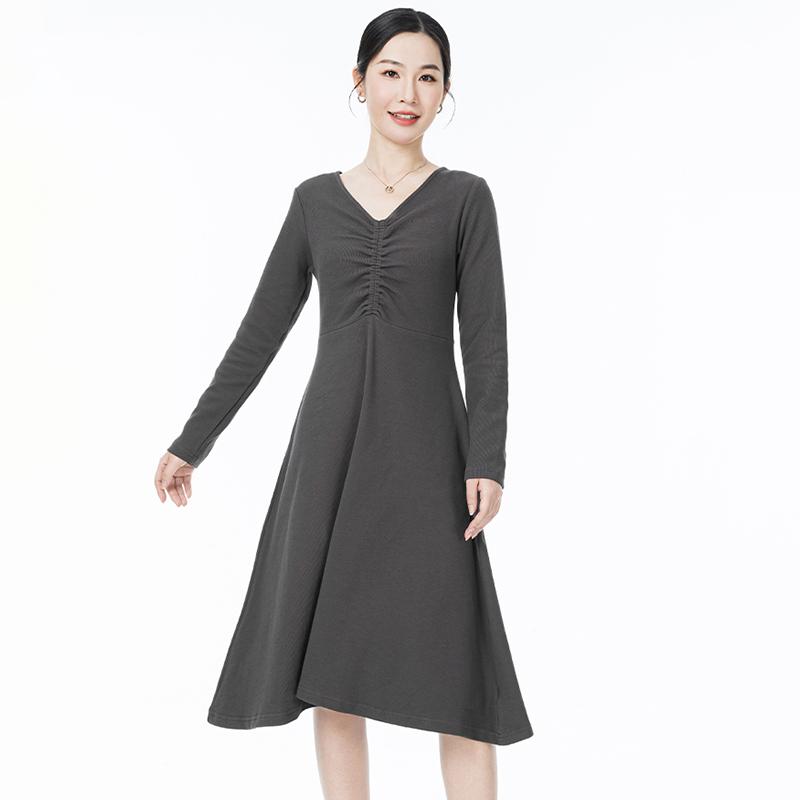 Maslan Spring Fashion Minimalist Medium to Long Length Waist Fold Back Knitted A-line Long Sleeve Dress
