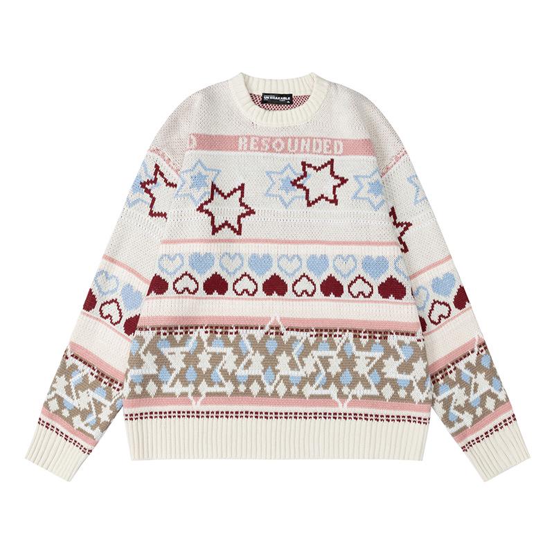 Unisex Autumn Jacquard Knit Sweater - Cozy Round Neck, Loose Fit