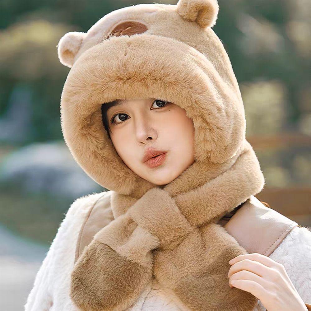 Soft Plush Winter Integrated Cap Scarf Thickened Plush Hat Scarf Set Kids Winter Warm Hat Outdoor
