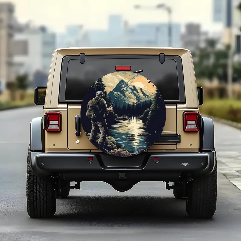 Spare Tire Cover With Recreational Fishing Design - Durable Polyester Wheel Cover For Camper, Car, Trailer, RV, SUV, Truck - Fit