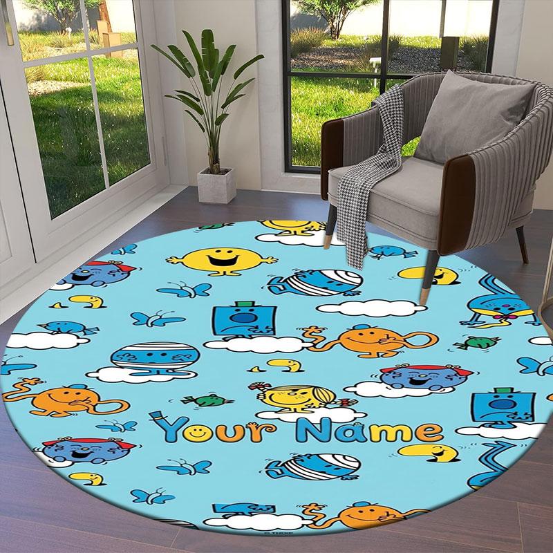 Mr. Men Little Miss Custom Name Round Area Rug,Carpet Rug for Living Room Bedroom Sofa Playroom Decor,Non-slip Floor Mat